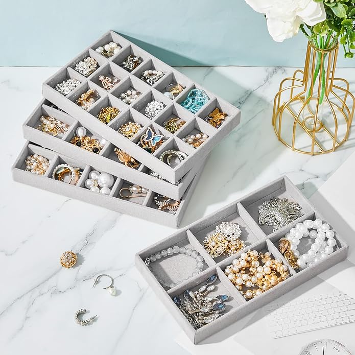 Junkin 12 Pcs Jewelry Tray Velvet Stackable Jewelry Organizer Trays Divided - Image 7