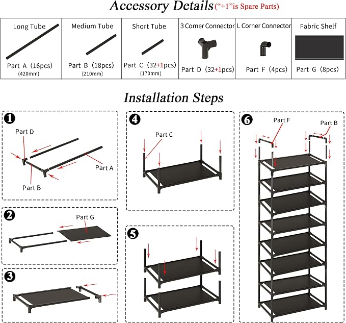 8-Tier Tall Shoe Rack for Closet, Adjustable Sturdy Durable Shoe Shelf - Image 6
