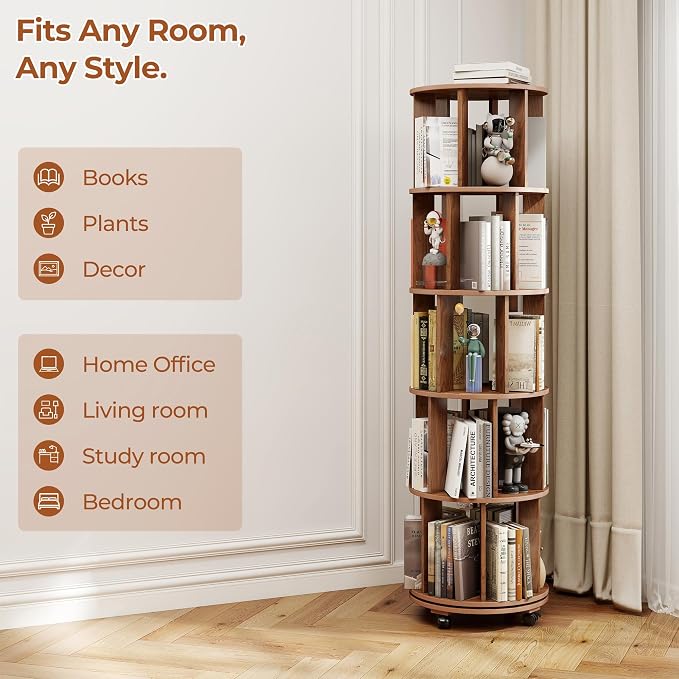 5-Tier Rotating Bookshelf on Wheels, 360° Spinning Bookshelf Tower, Round - Image 8