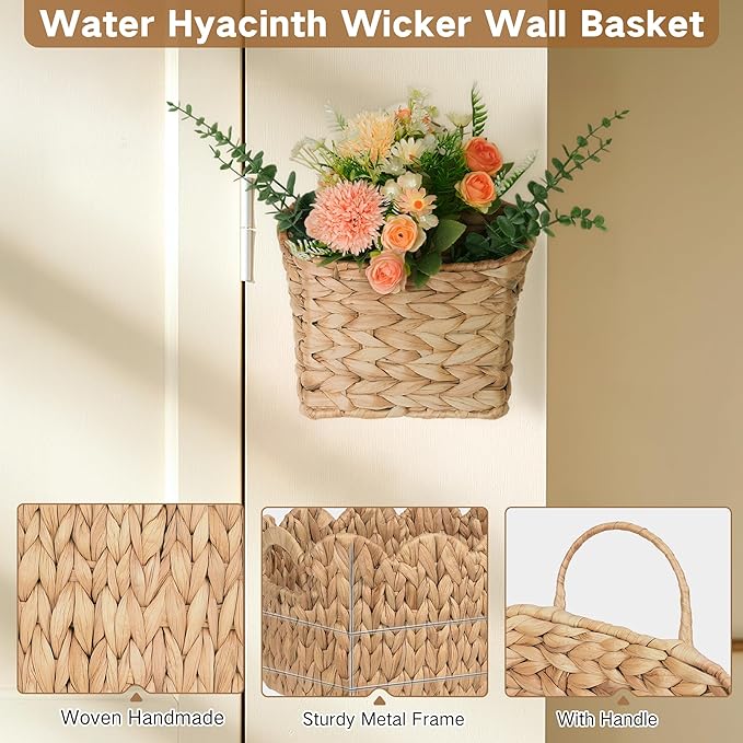 iEGrow Set of 2 Hanging Basket, Wicker Wall Basket Natural Water Hyacinth - Image 5