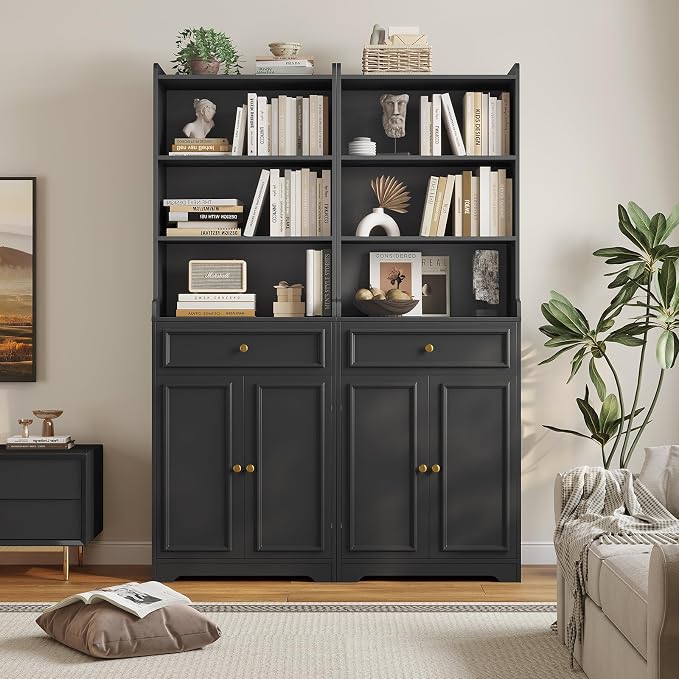 DICTAC Bookcase with Drawers and Doors 73.23'' Tall Bookshelf with Open Shelves - Image 3
