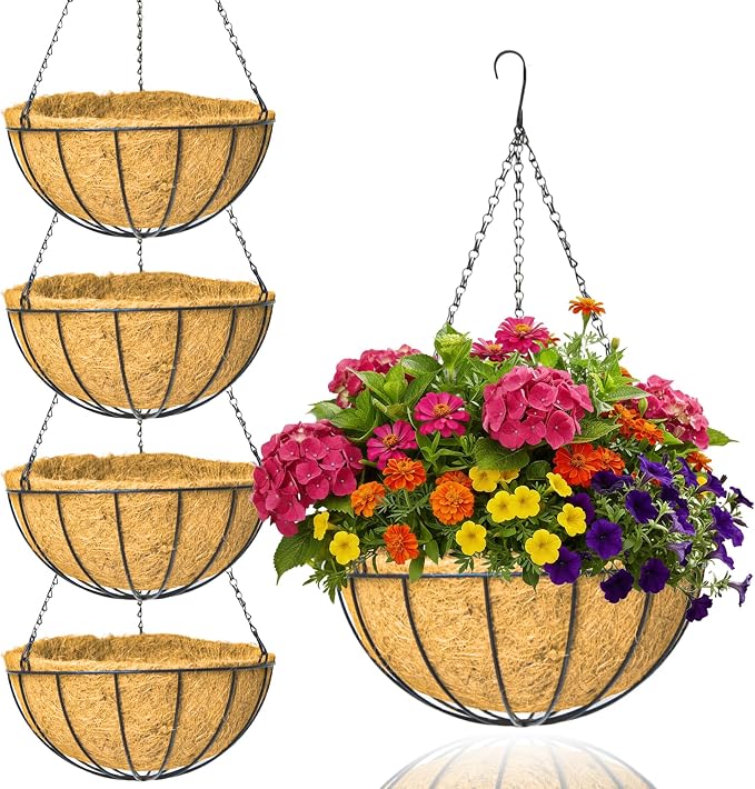 4 Pack 12 Inch Brown Outdoor Metal Hanging Planter Basket Hanging Planters by GYATSOCYGwomenswardrobe