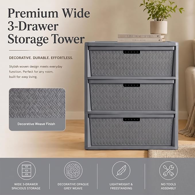 Wide 3 Drawer Plastic Storage Tower Organizer, Tool-Free Assembly Drawer Unit - Image 3