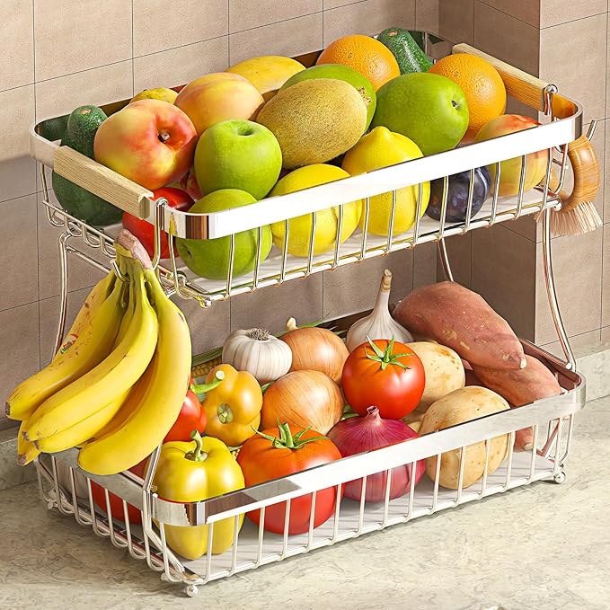 2-Tier Fruit Basket with Banana Hangers, Detachable Metal Bowl | Wooden handle by Sevenblue