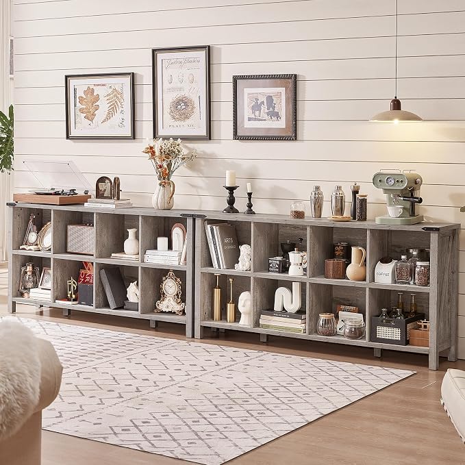 8 Cube Book Shelf, Farmhouse Wood Long Storage Organizer Bookcase, Hallway TV - Image 3