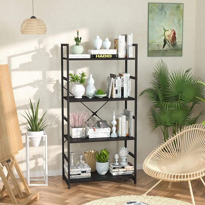 NUMENN 4 Tier Bookshelf, Tall Freestanding Open Storage Bookcase, Support Bars - Image 2