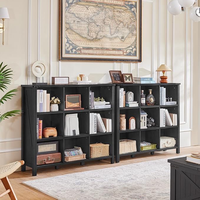 9 Cube Bookcase, Farmhouse 47 Inch Wide Black Bookshelf, Wooden 3 Tier Display - Image 5