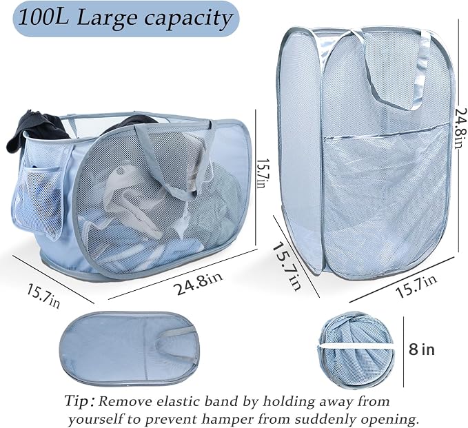 Extra Large Mesh Pop Up Laundry Hamper 2 Pack, 100L Foldable Laundry Baskets - Image 2