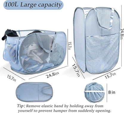Extra Large Mesh Pop Up Laundry Hamper 2 Pack, 100L Foldable Laundry Baskets - Image 2
