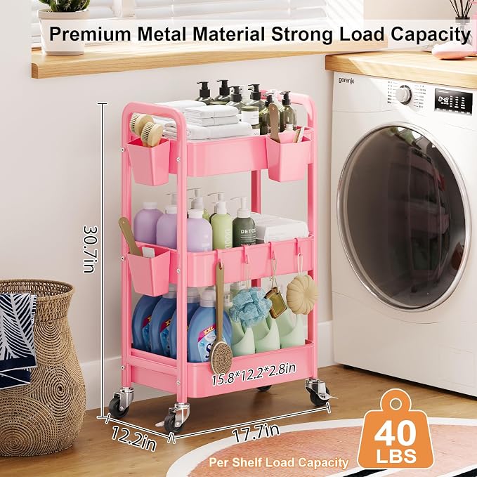 3 Tier Rolling Cart with Wheels, Metal Utility Storage Cart on Wheels, Craft - Image 3