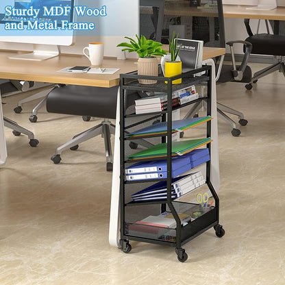 7 Tier Rolling File Cart with Sliding Trays, Wood Metal File Organizer Beside - Image 2