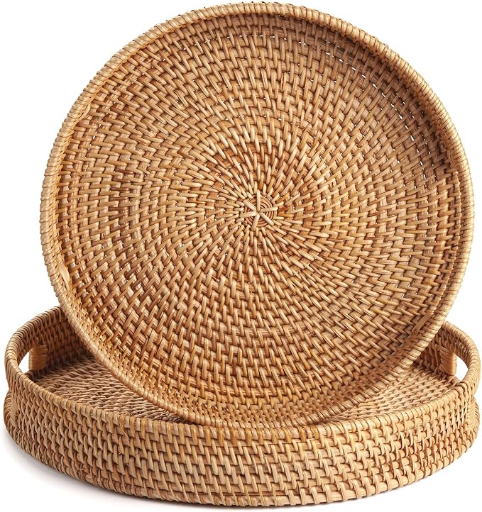 Coffee Table Tray Round Rattan Ottoman Tray Woven Serving Trays - Image 3