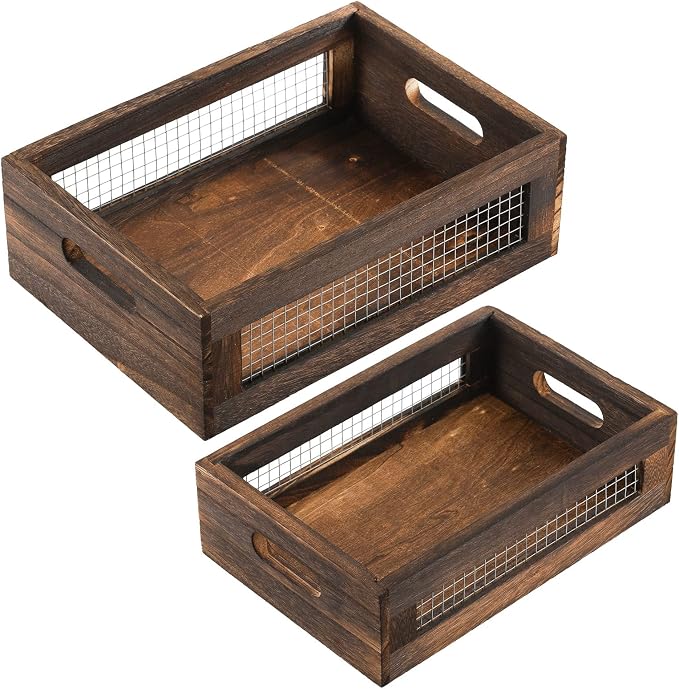Dicunoy Set of 2 Rustic Nesting Boxes, Wooden Organizer Crates Basket, Small - Image 4