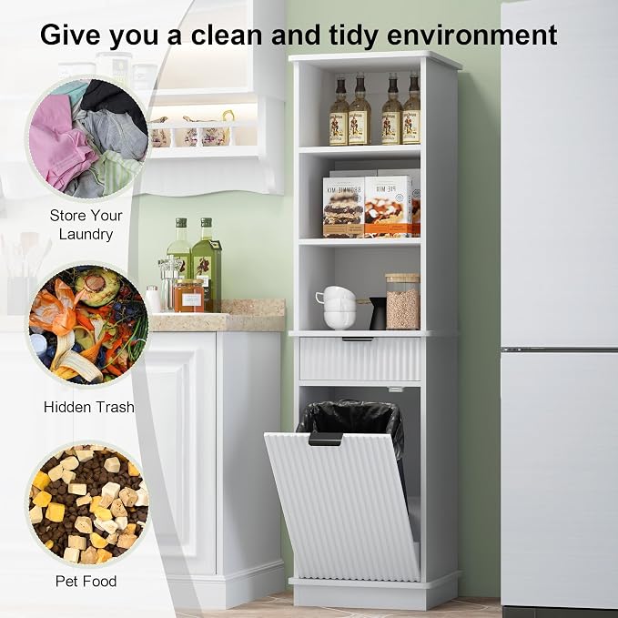 White Tilt Out Laundry Hamper Tall Bathroom Storage Cabinet Hidden Laundry - Image 9