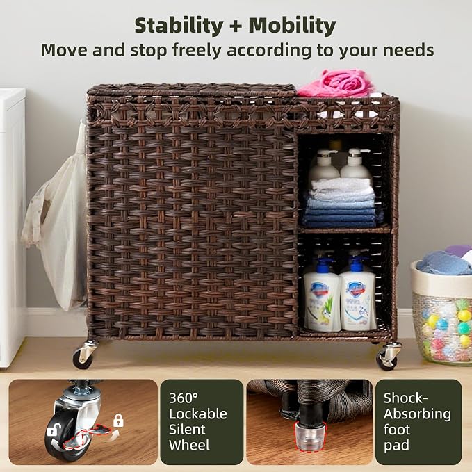 Laundry Hamper with Lid, 160L Rattan Wicker Laundry Basket with Wheels - Image 5