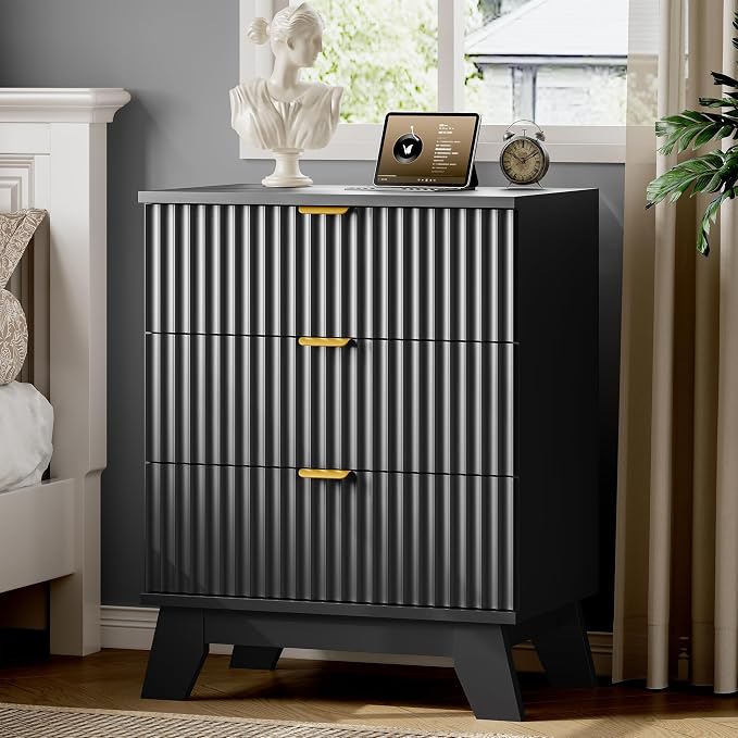 Fluted Nightstand with Charging Station, Modern Wood Side Table Night Stand by Xixini