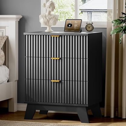 Fluted Nightstand with Charging Station, Modern Wood Side Table Night Stand by Xixini