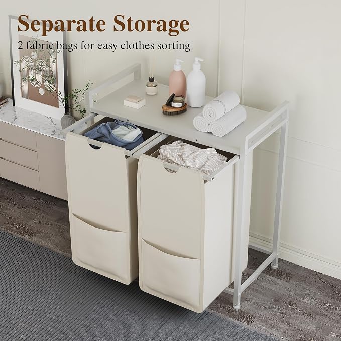 2-Section Laundry Hamper with Shelf, Pull-Out Removable 12.8 gal Bags, Metal - Image 3