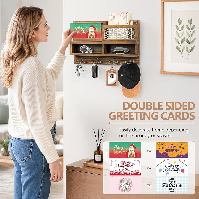 Key Holder Wall Mount, Wooden Mail and Key Organizer - Image 2