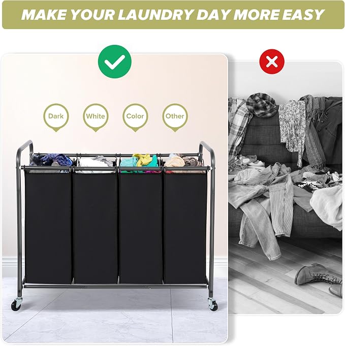 Laundry Sorter Hamper with Wheels, Heavy-Duty Laundry Sorter Rolling Cart - Image 6