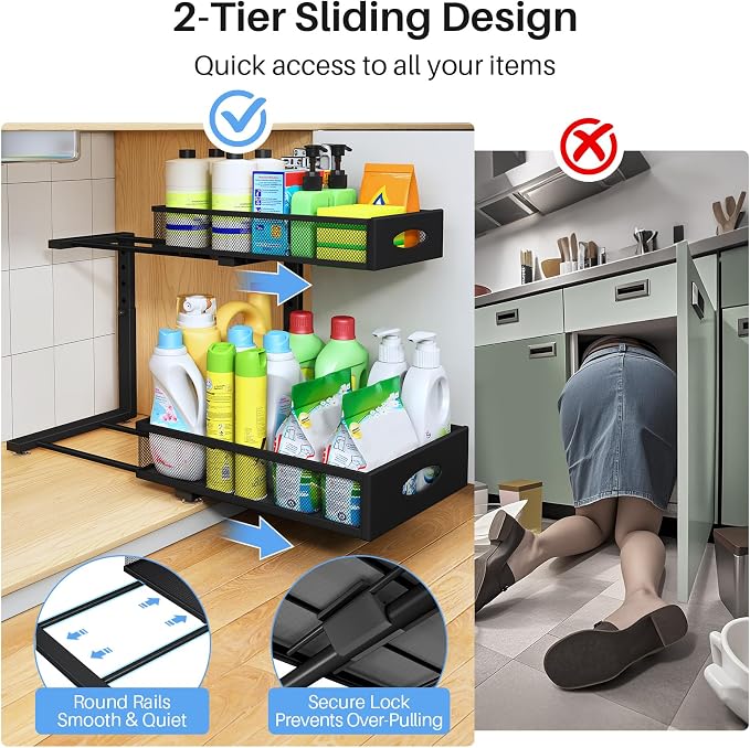 Under Sink Organizer, 2 Pack 2 Tier Pull Out Under Cabinet Organizer Shelf - Image 5
