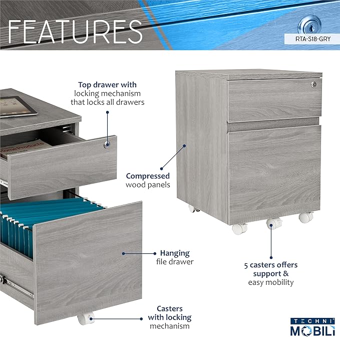 Techni Mobili Rolling Lock and Storage 2 Drawer Vertical Filing Cabinet - Image 4