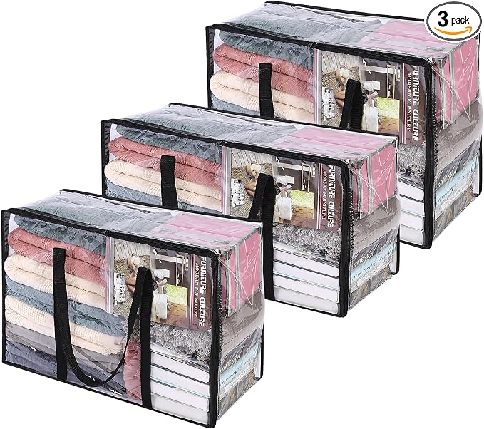 Vieshful 3 Pack 40L+60L+90L Clear Clothes Storage Bag, Zippered Closet Organizer by Vieshful