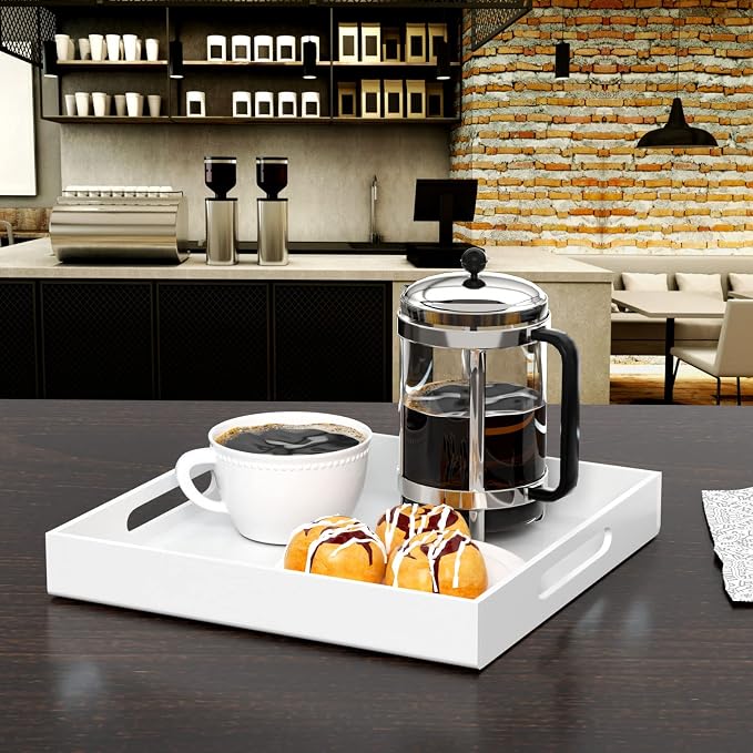 NIUBEE Acrylic Serving Tray 12x12 Inches -Spill Proof- White Decorative Tray - Image 2