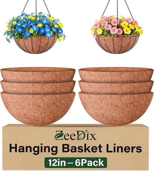 12 Inch Coco Liners for Planters, 6 Pack Hanging Basket Liners | Round Coco by ZeeDix