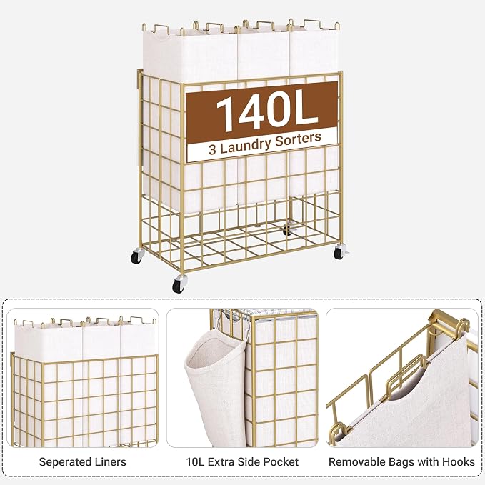 Laundry Basket with Wheels, Heavy Duty Laundry Sorter 3 Sections, 140L Large - Image 2