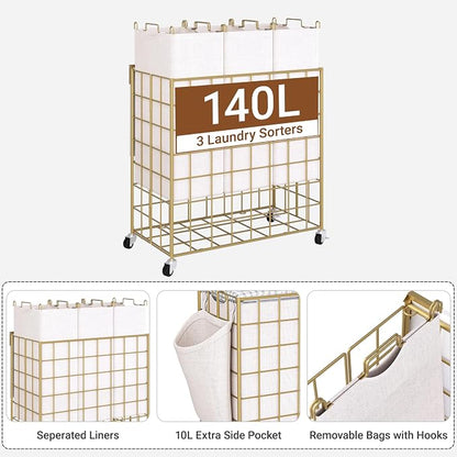 Laundry Basket with Wheels, Heavy Duty Laundry Sorter 3 Sections, 140L Large - Image 2