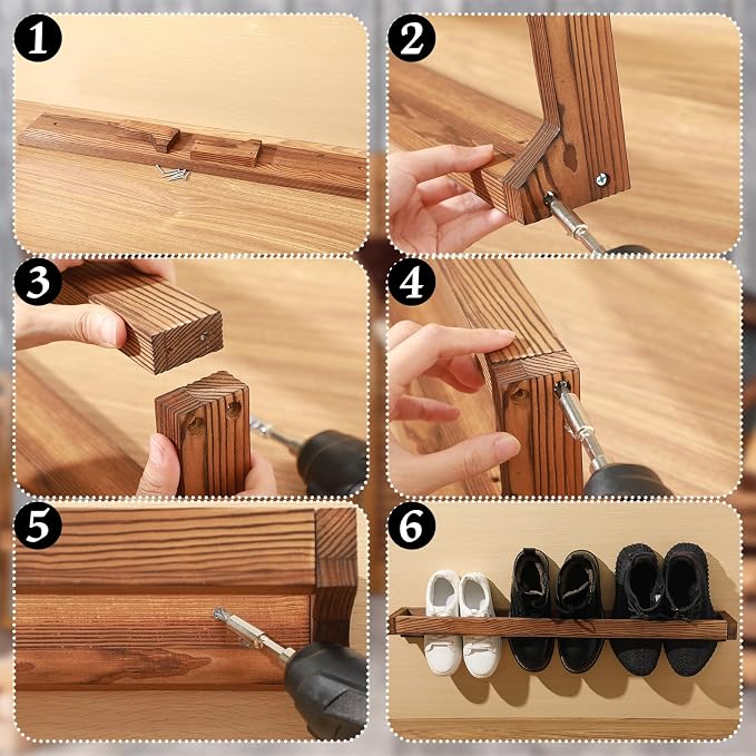 Wenqik 2 Pcs Wall Mounted Wooden Shoe Rack 30 Inch Rustic Wood Wall Hanging - Image 3