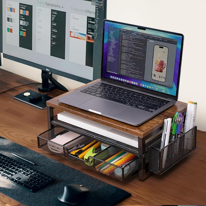 ARCOBIS Monitor Riser with Drawers and Pen Holders, Wood & Mesh Metal Computer - Image 4