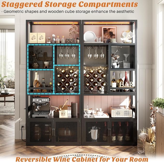 82.6" Tall Bar Cabinet with Power Outlets, 6-Tiers Reversible Wine Cabinet with - Image 5