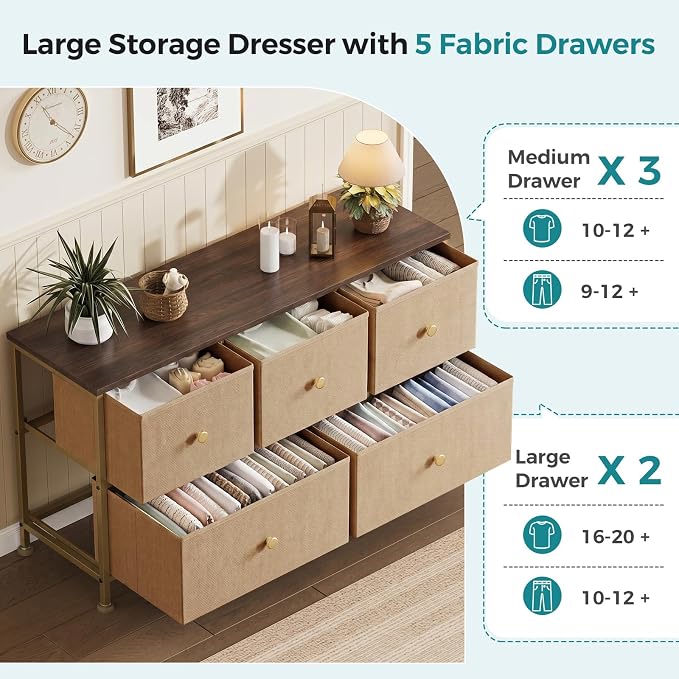 OLIXIS 5 Drawer Dresser for Bedroom, Storage Organizer for Closet, Khaki | - Image 4
