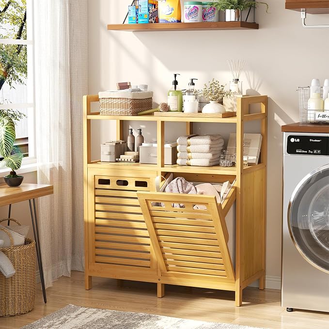 Homykic Tilt Out Laundry Hamper Cabinet, Bamboo Double Laundry Hamper - Image 3