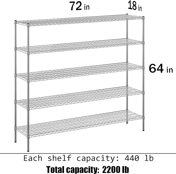 18" Deep x 72" Wide x 74" Height Wire Shelving Kit | 5-Tier | NSF Commercial - Image 3