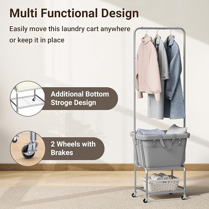 ELYKEN Laundry Cart with Hanging Rack, Rolling Laundry Hamper with Wheels - Image 6