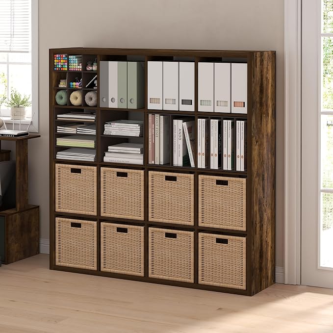Furinno Cubicle 16-Cube Book Shelf, Extra Thick Frame Bookshelf, Amber Pine | - Image 2