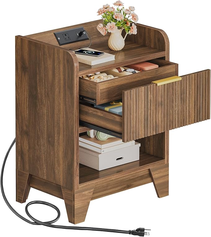 HOOBRO Fluted Nightstand with Charging Station, End Table with Hidden Drawer by HOOBRO