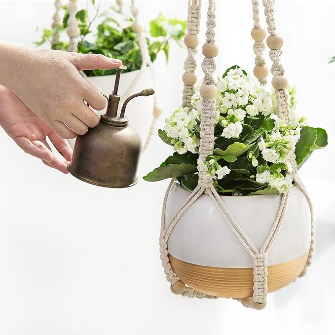 Mkono Macrame Plant Hanger Indoor 35 Inch Hanging Planter Basket Ivory 2Pcs | - Image 3