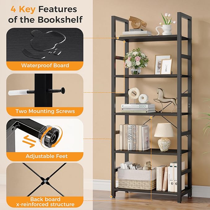 DUMOS 5-Tier Bookshelf, Modern Tall Bookcase Book Shelf | Open Storage Display - Image 8