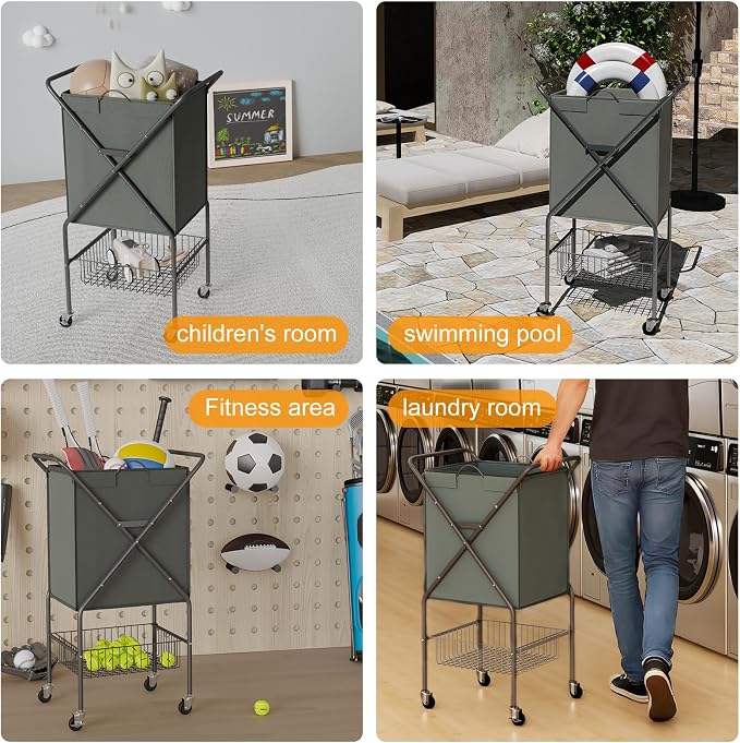 Laundry Basket with Wheels:88L Rolling Laundry Cart Foldable Metal Frame Dirty - Image 5