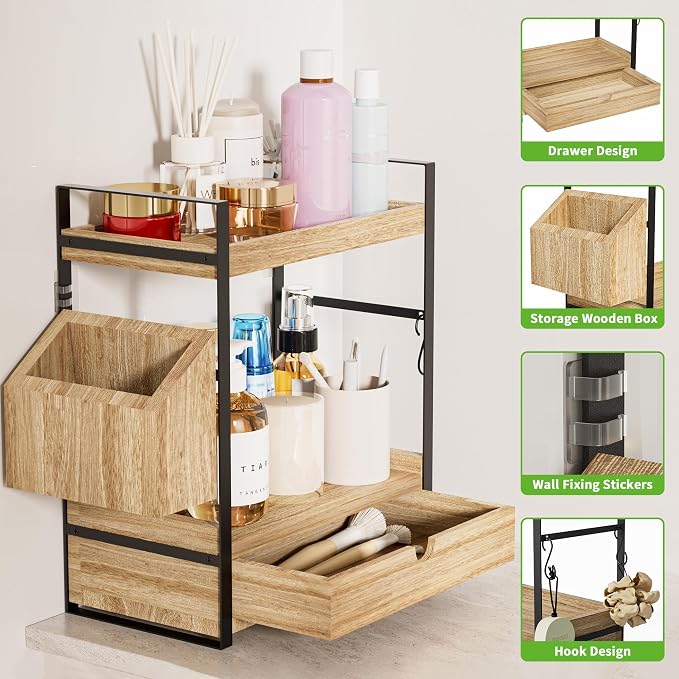 2-Tier Bathroom Counter Organizer, Wooden Vanity Shelf - Image 4