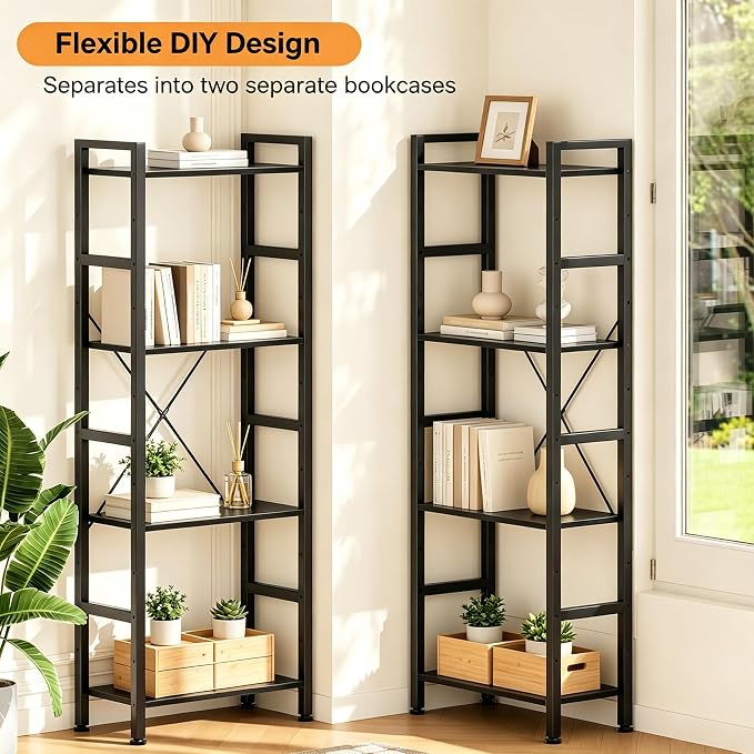 HealSmart Triple Column 4 Tier Bookshelf, Industrial Bookcase - Image 7