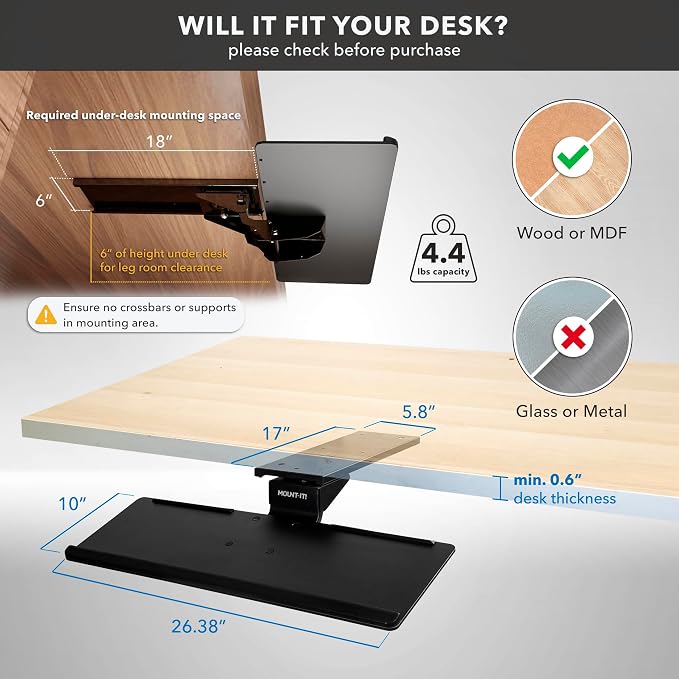 Mount-It! Under Desk Keyboard Tray – Adjustable Slide-Out Keyboard Drawer - Image 6