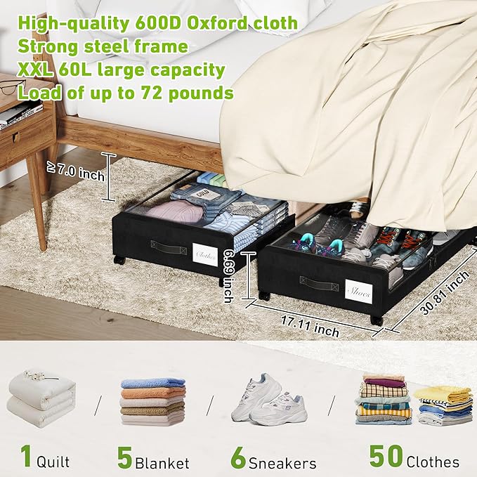Tututry Under Bed Storage with Wheels, XXL 60L Under the Bed Storage Bins - Image 2