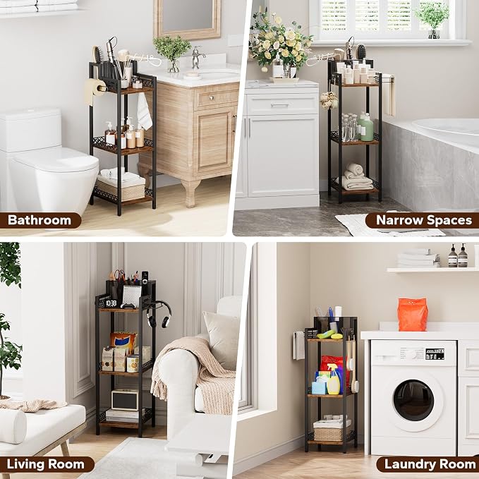 Bathroom Storage Shelf Hair Dryer Holder, 3-Tier Narrow Metal Standing Rack - Image 7