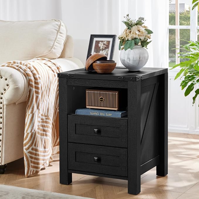 Nightstand with Charging Station, Farmhouse Night Stand with 2 Drawers and - Image 9