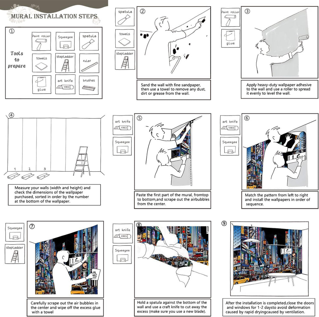 AFZEVEB-Hand-Painted New York City Wallpaper Wall murals for Bathroom 114"x74" (Not Peel and Stick)